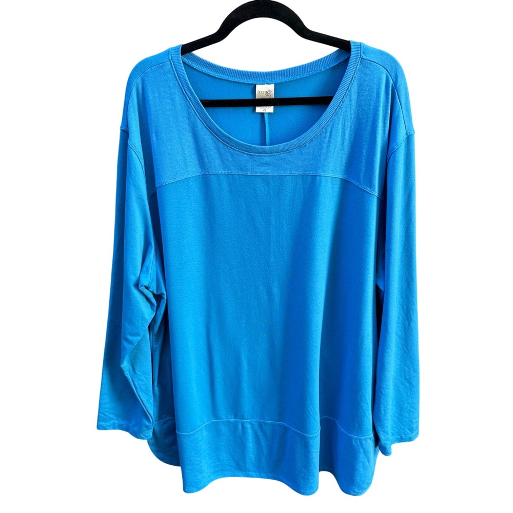 Terra & Sky Whimsical Blue Long Sleeve Top 2X 20W-22W Scoop Neck Banded Hem